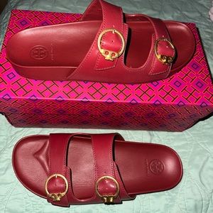 Tory Burch Red Sandals with Gold Buckles